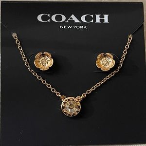 COACH Tea Rose stud earrings and necklace with crystal stones in the center